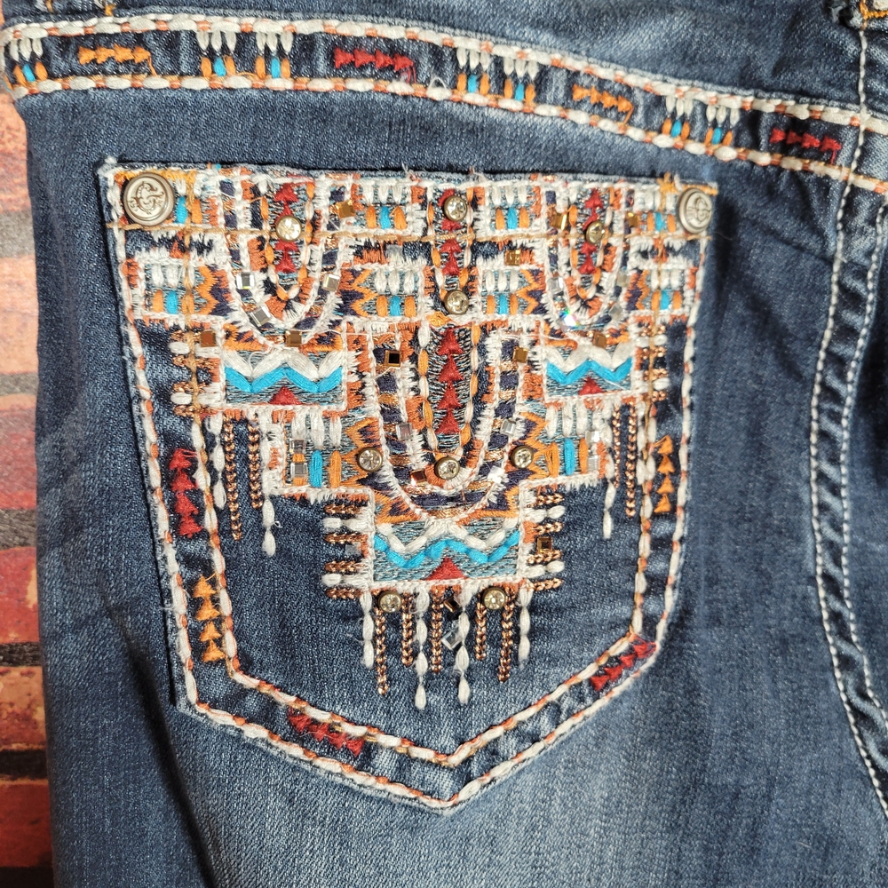 Grace in LA Women's Boot Cut Jeans - Dark Blue with Embellished Trim - Picture 3 of 7